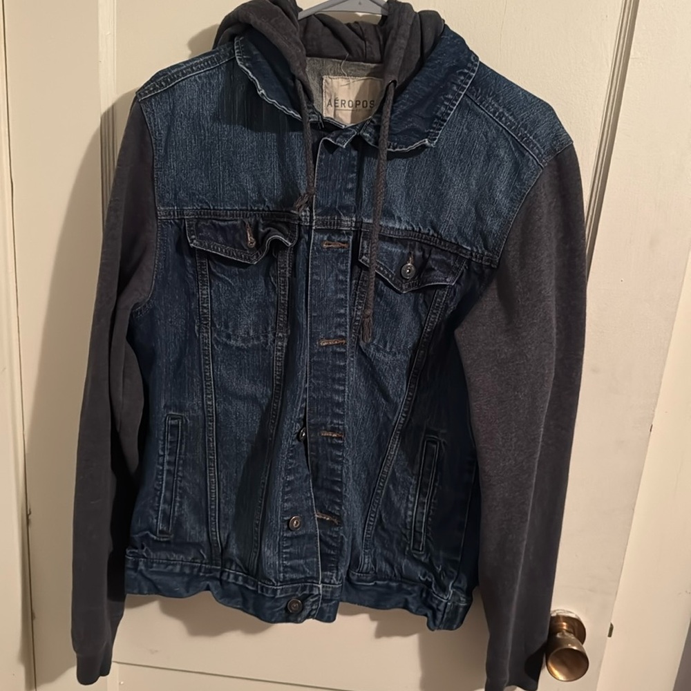 Aeropostale Men’s Jean Jacket with Gray Hood and Sleeves Large